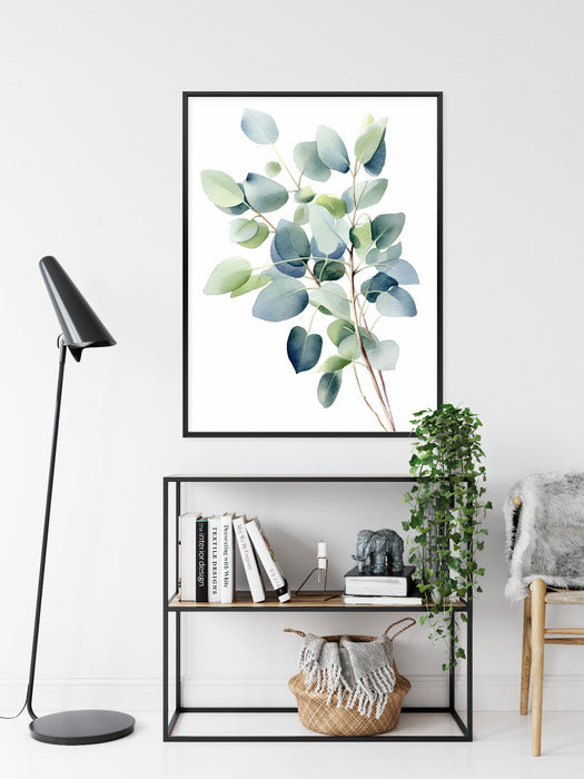 Poster Zweig Mit Grünen Blättern - Aquarell Rahmen Holz Mit Passepartout Farbe Natürlich