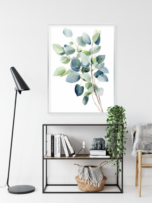 Poster Zweig Mit Grünen Blättern - Aquarell Rahmen Holz Mit Passepartout Farbe Natürlich