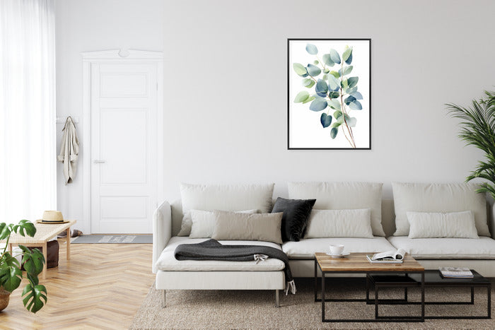 Poster Zweig Mit Grünen Blättern - Aquarell Rahmen Holz Mit Passepartout Farbe Natürlich