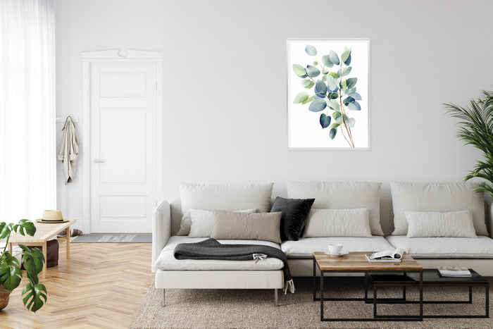 Poster Zweig Mit Grünen Blättern - Aquarell Rahmen Holz Mit Passepartout Farbe Natürlich