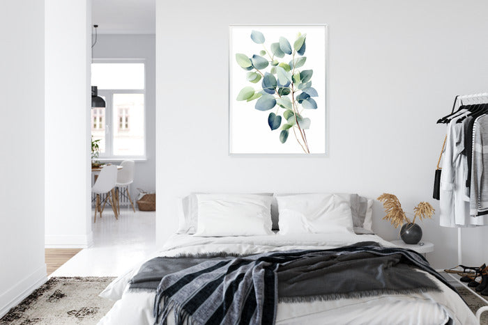 Poster Zweig Mit Grünen Blättern - Aquarell Rahmen Holz Mit Passepartout Farbe Natürlich