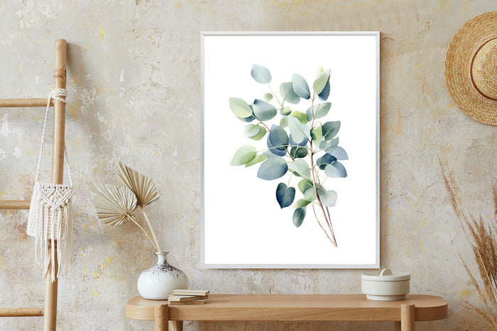 Poster Zweig Mit Grünen Blättern - Aquarell Rahmen Holz Mit Passepartout Farbe Natürlich