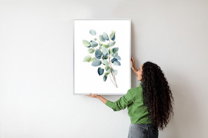 Poster Zweig Mit Grünen Blättern - Aquarell Rahmen Holz Mit Passepartout Farbe Natürlich