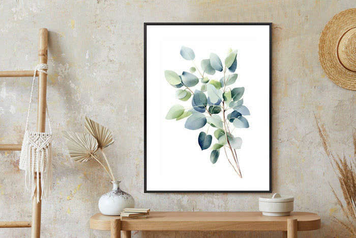 Poster Zweig Mit Grünen Blättern - Aquarell Rahmen Holz Mit Passepartout Farbe Natürlich
