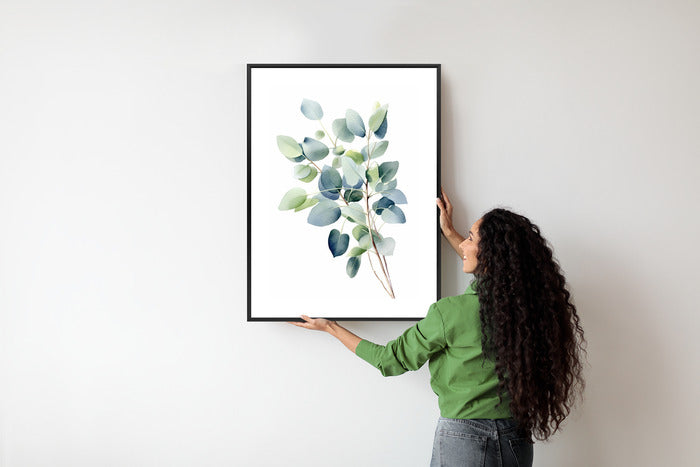 Poster Zweig Mit Grünen Blättern - Aquarell Rahmen Holz Mit Passepartout Farbe Natürlich