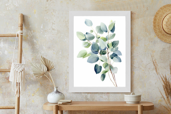 Poster Zweig Mit Grünen Blättern - Aquarell Rahmen Holz Mit Passepartout Farbe Natürlich