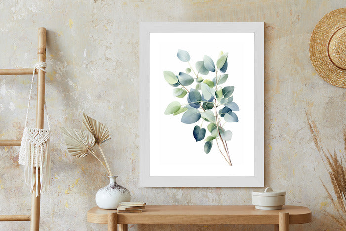 Poster Zweig Mit Grünen Blättern - Aquarell Rahmen Holz Mit Passepartout Farbe Natürlich
