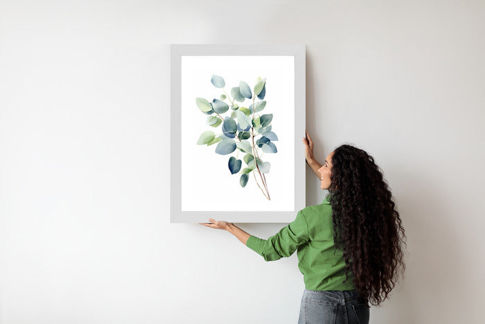 Poster Zweig Mit Grünen Blättern - Aquarell Rahmen Holz Mit Passepartout Farbe Natürlich
