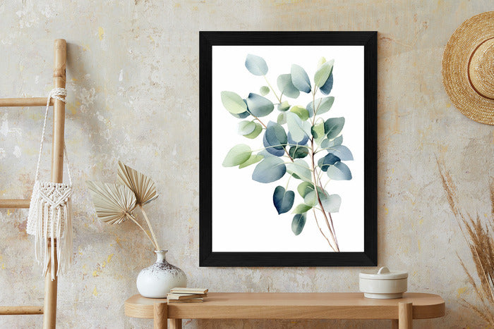 Poster Zweig Mit Grünen Blättern - Aquarell Rahmen Holz Mit Passepartout Farbe Natürlich