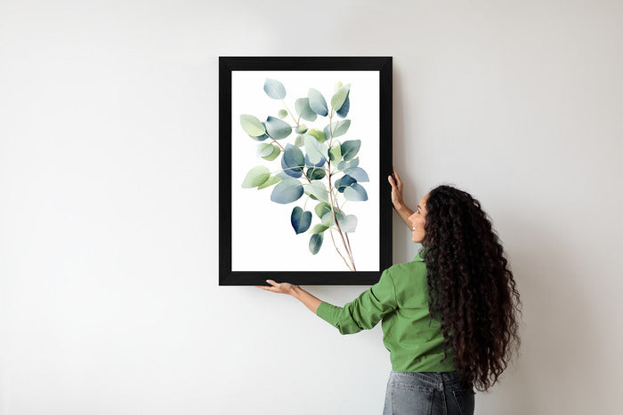 Poster Zweig Mit Grünen Blättern - Aquarell Rahmen Holz Mit Passepartout Farbe Natürlich