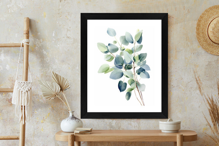 Poster Zweig Mit Grünen Blättern - Aquarell Rahmen Holz Mit Passepartout Farbe Natürlich