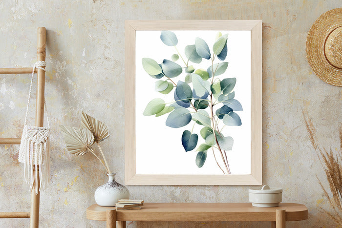 Poster Zweig Mit Grünen Blättern - Aquarell Rahmen Holz Mit Passepartout Farbe Natürlich