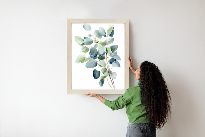 Poster Zweig Mit Grünen Blättern - Aquarell Rahmen Holz Mit Passepartout Farbe Natürlich
