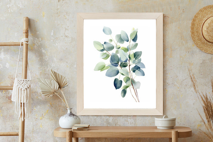 Poster Zweig Mit Grünen Blättern - Aquarell Rahmen Holz Mit Passepartout Farbe Natürlich