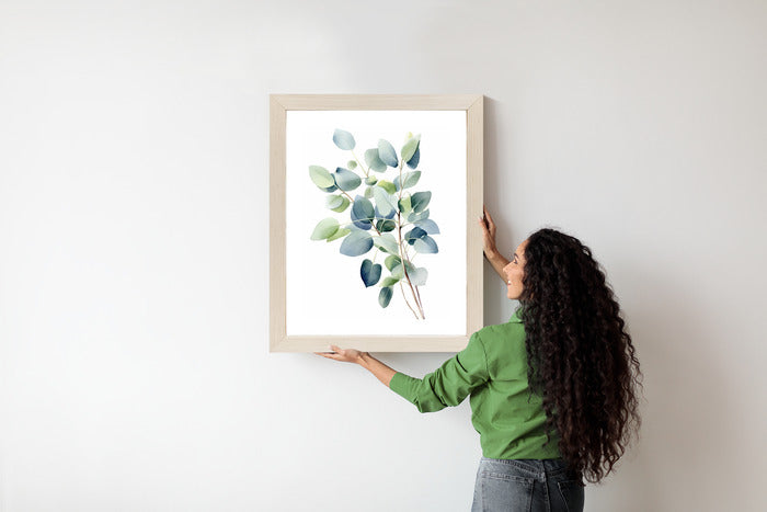 Poster Zweig Mit Grünen Blättern - Aquarell Rahmen Holz Mit Passepartout Farbe Natürlich