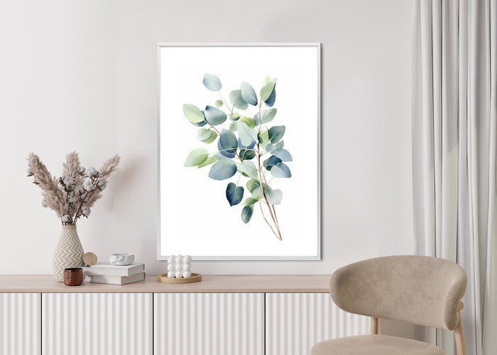 Poster Zweig Mit Grünen Blättern - Aquarell Rahmen Holz Mit Passepartout Farbe Natürlich