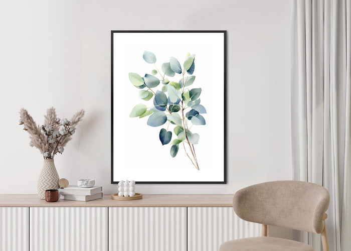 Poster Zweig Mit Grünen Blättern - Aquarell Rahmen Holz Mit Passepartout Farbe Natürlich