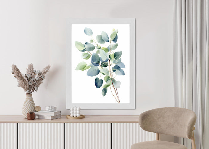 Poster Zweig Mit Grünen Blättern - Aquarell Rahmen Holz Mit Passepartout Farbe Natürlich