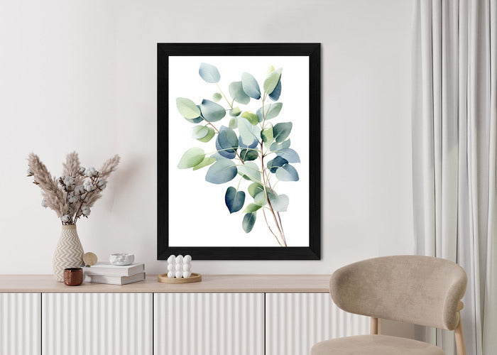 Poster Zweig Mit Grünen Blättern - Aquarell Rahmen Holz Mit Passepartout Farbe Natürlich