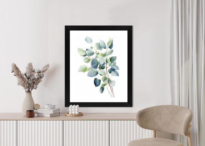 Poster Zweig Mit Grünen Blättern - Aquarell Rahmen Holz Mit Passepartout Farbe Natürlich
