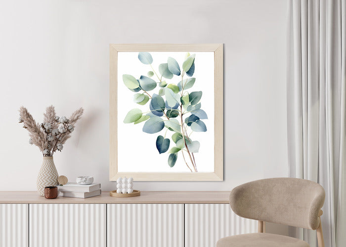 Poster Zweig Mit Grünen Blättern - Aquarell Rahmen Holz Mit Passepartout Farbe Natürlich