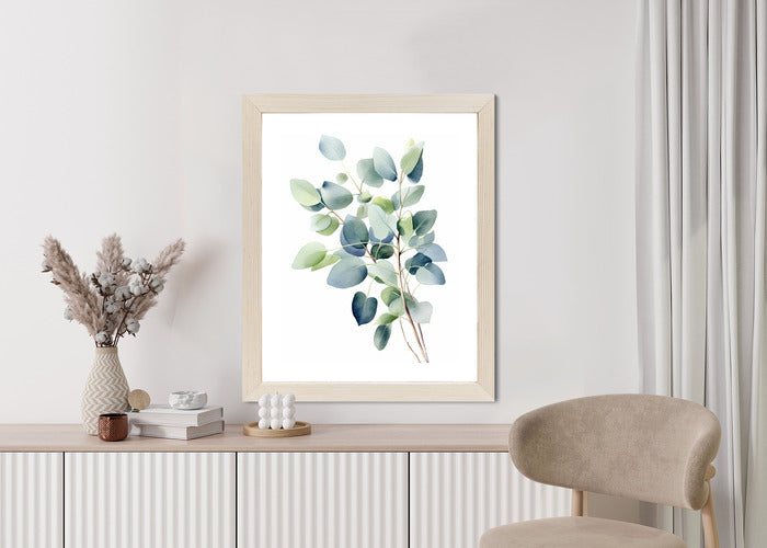 Poster Zweig Mit Grünen Blättern - Aquarell Rahmen Holz Mit Passepartout Farbe Natürlich