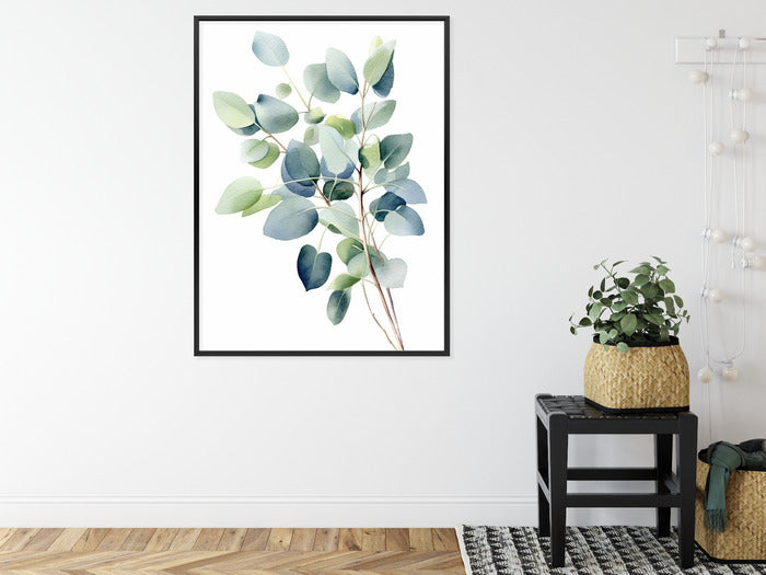 Poster Zweig Mit Grünen Blättern - Aquarell Rahmen Holz Mit Passepartout Farbe Natürlich
