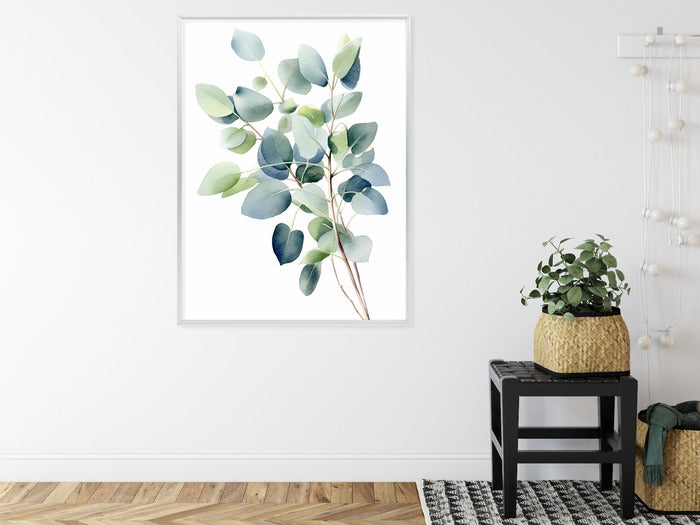 Poster Zweig Mit Grünen Blättern - Aquarell Rahmen Holz Mit Passepartout Farbe Natürlich