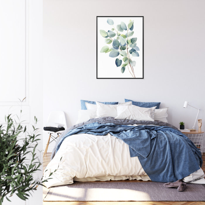 Poster Zweig Mit Grünen Blättern - Aquarell Rahmen Holz Mit Passepartout Farbe Natürlich