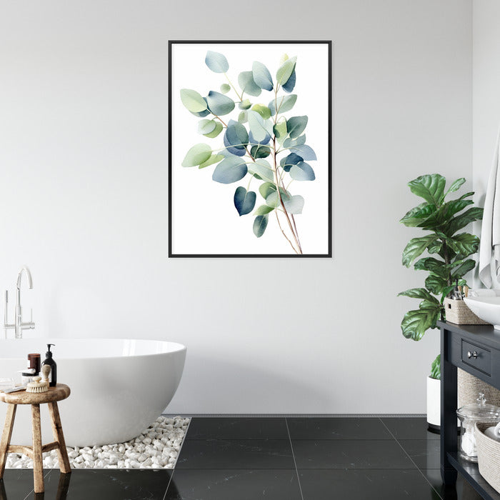 Poster Zweig Mit Grünen Blättern - Aquarell Rahmen Holz Mit Passepartout Farbe Natürlich