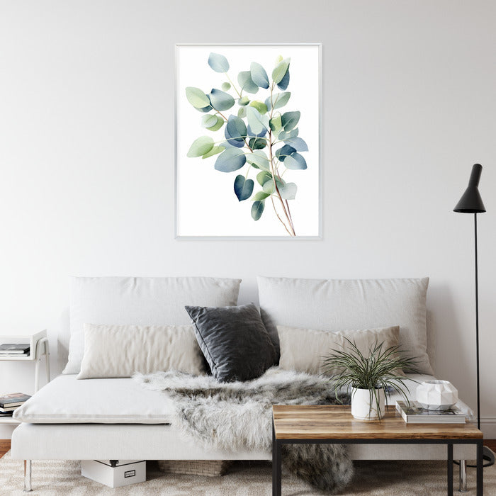 Poster Zweig Mit Grünen Blättern - Aquarell Rahmen Holz Mit Passepartout Farbe Natürlich