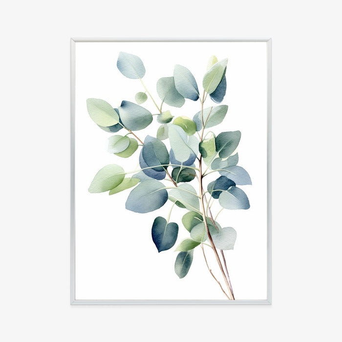 Poster Zweig Mit Grünen Blättern - Aquarell Rahmen Holz Mit Passepartout Farbe Natürlich