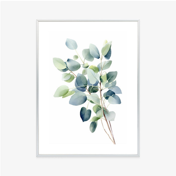 Poster Zweig Mit Grünen Blättern - Aquarell Rahmen Holz Mit Passepartout Farbe Natürlich