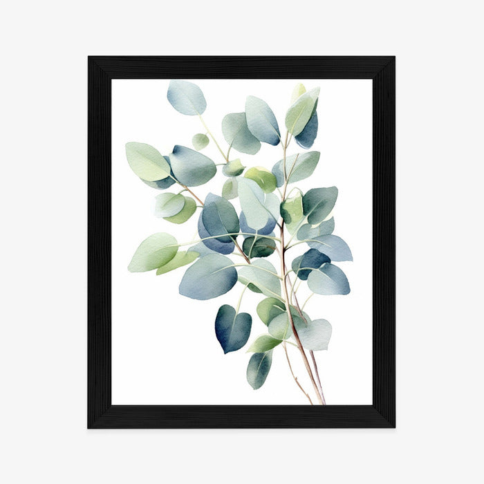 Poster Zweig Mit Grünen Blättern - Aquarell Rahmen Holz Mit Passepartout Farbe Natürlich