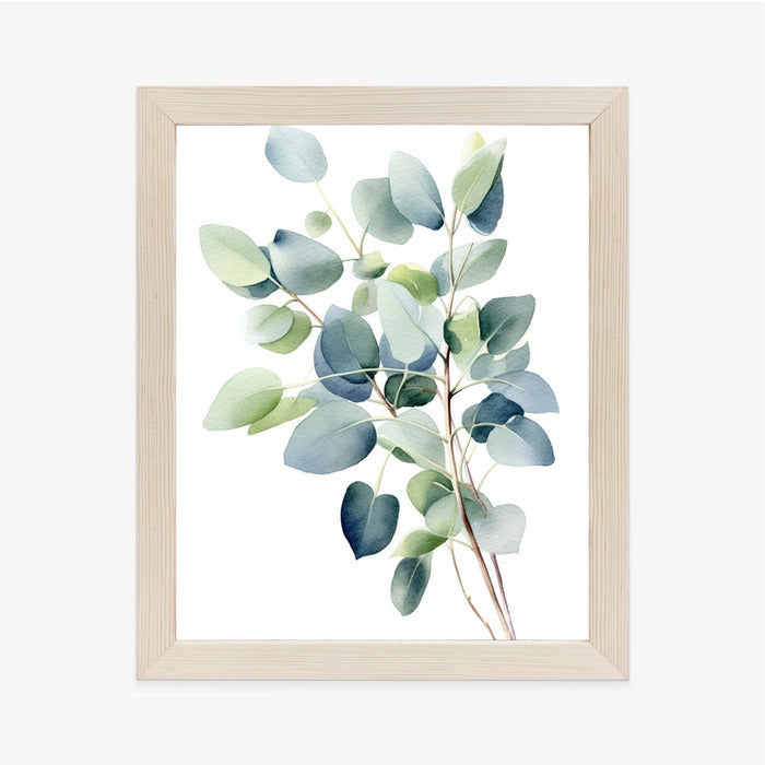 Poster Zweig Mit Grünen Blättern - Aquarell Rahmen Holz Mit Passepartout Farbe Natürlich