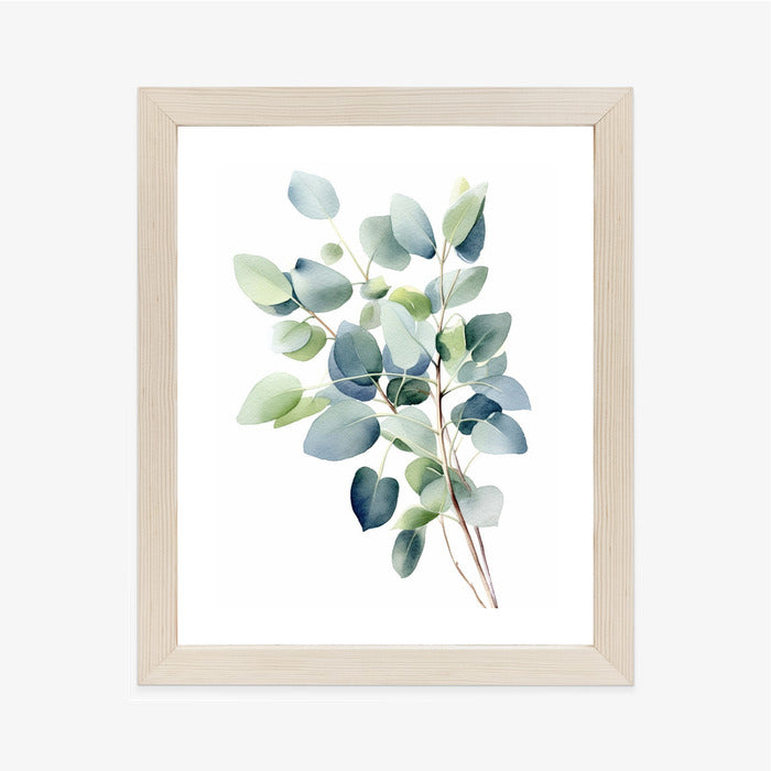 Poster Zweig Mit Grünen Blättern - Aquarell Rahmen Holz Mit Passepartout Farbe Natürlich