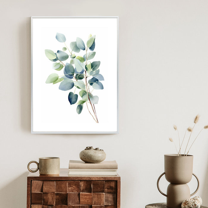 Poster Zweig Mit Grünen Blättern - Aquarell Rahmen Holz Mit Passepartout Farbe Natürlich
