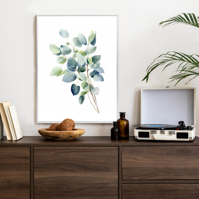 Poster Zweig Mit Grünen Blättern - Aquarell Rahmen Holz Mit Passepartout Farbe Natürlich