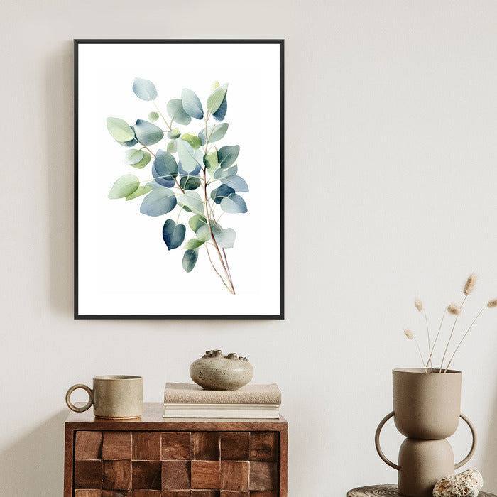 Poster Zweig Mit Grünen Blättern - Aquarell Rahmen Holz Mit Passepartout Farbe Natürlich