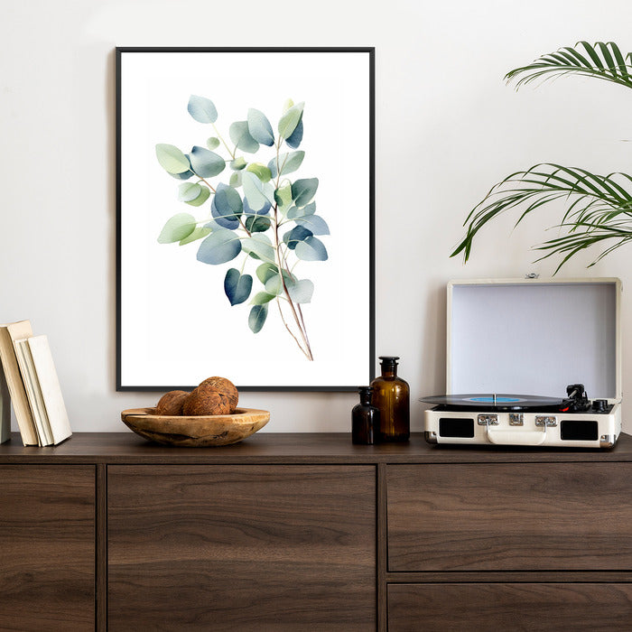Poster Zweig Mit Grünen Blättern - Aquarell Rahmen Holz Mit Passepartout Farbe Natürlich