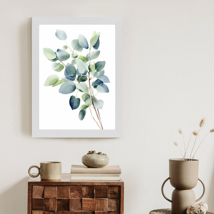 Poster Zweig Mit Grünen Blättern - Aquarell Rahmen Holz Mit Passepartout Farbe Natürlich