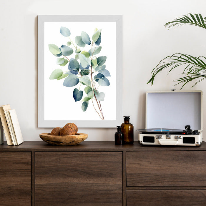 Poster Zweig Mit Grünen Blättern - Aquarell Rahmen Holz Mit Passepartout Farbe Natürlich