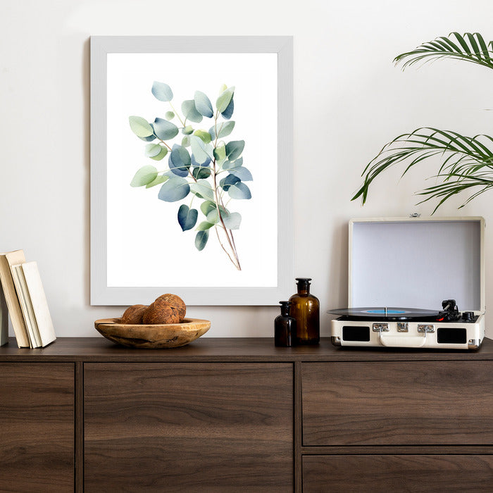 Poster Zweig Mit Grünen Blättern - Aquarell Rahmen Holz Mit Passepartout Farbe Natürlich