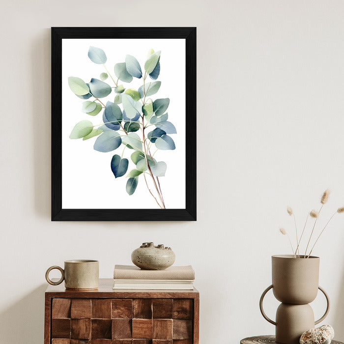 Poster Zweig Mit Grünen Blättern - Aquarell Rahmen Holz Mit Passepartout Farbe Natürlich