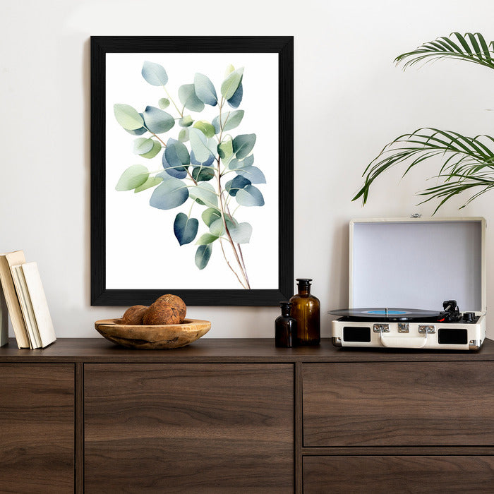 Poster Zweig Mit Grünen Blättern - Aquarell Rahmen Holz Mit Passepartout Farbe Natürlich