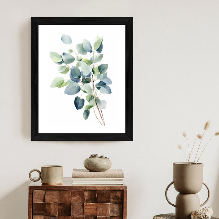 Poster Zweig Mit Grünen Blättern - Aquarell Rahmen Holz Mit Passepartout Farbe Natürlich