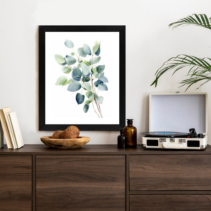 Poster Zweig Mit Grünen Blättern - Aquarell Rahmen Holz Mit Passepartout Farbe Natürlich