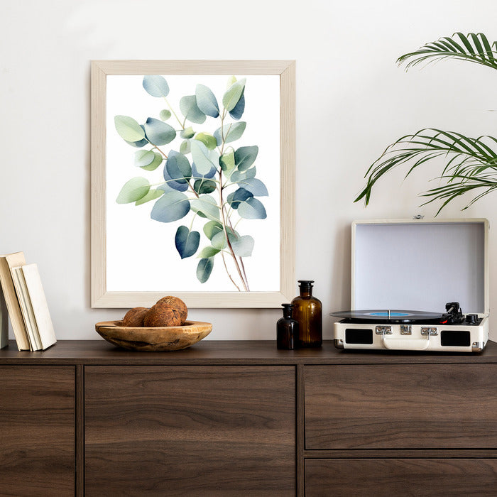 Poster Zweig Mit Grünen Blättern - Aquarell Rahmen Holz Mit Passepartout Farbe Natürlich