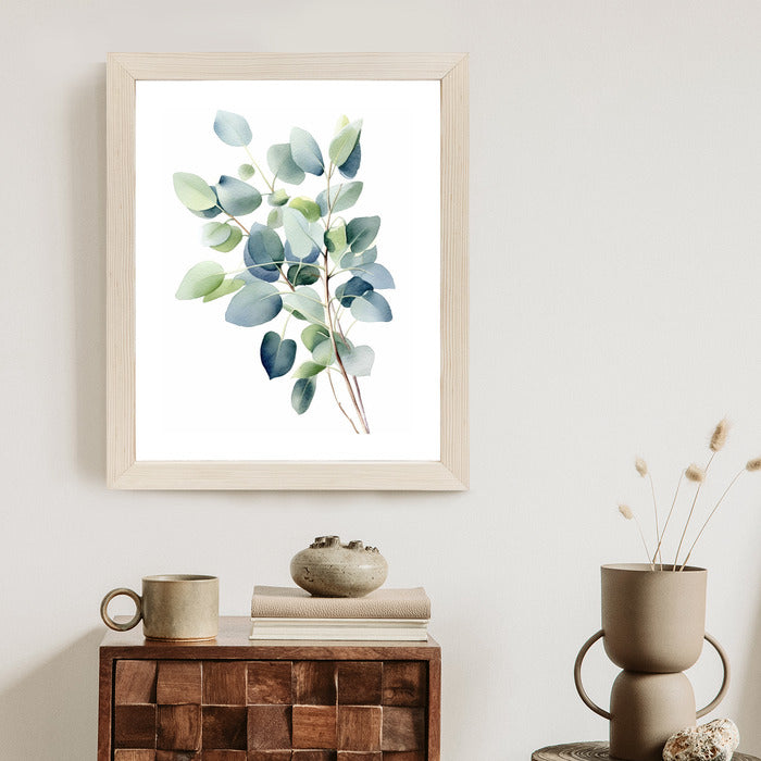 Poster Zweig Mit Grünen Blättern - Aquarell Rahmen Holz Mit Passepartout Farbe Natürlich