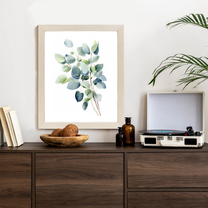 Poster Zweig Mit Grünen Blättern - Aquarell Rahmen Holz Mit Passepartout Farbe Natürlich